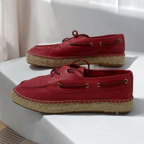 Tory Burch NEW Skipper Boat Grained Nantucket Red Leather Non-Slip Shoe $296  Si - Picture 2 of 6